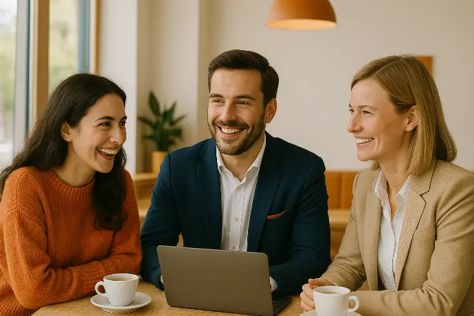 Three professionals smiling and meeting in a bright modern cafe, with coffee and a laptop on the table.